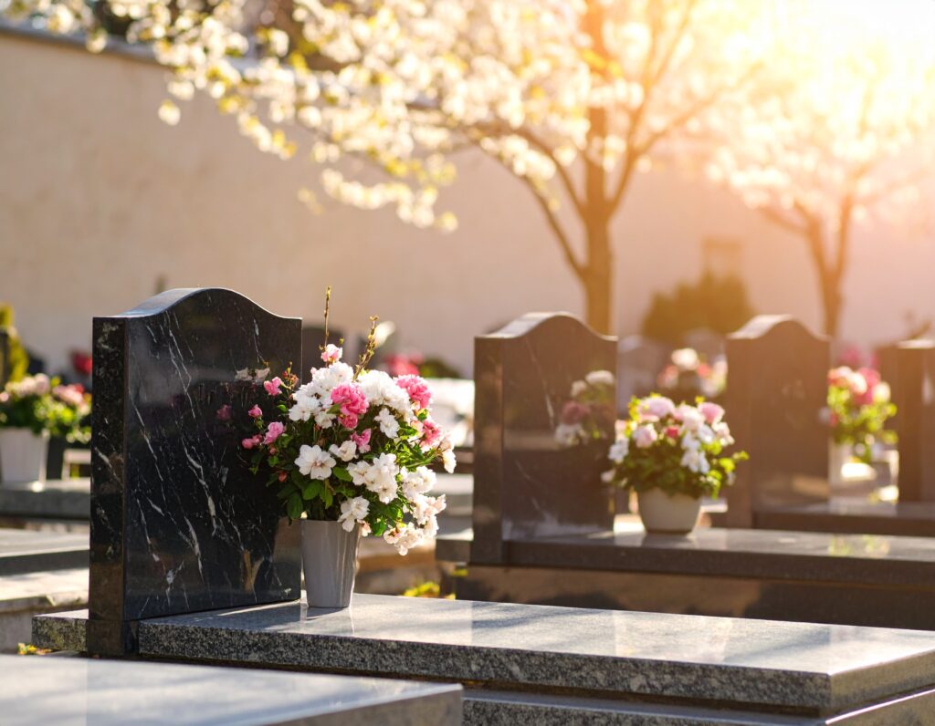 Firefly_Cimetière moderne paisible avec des tombes en marbre noir et gris, pierres tombales é 887756