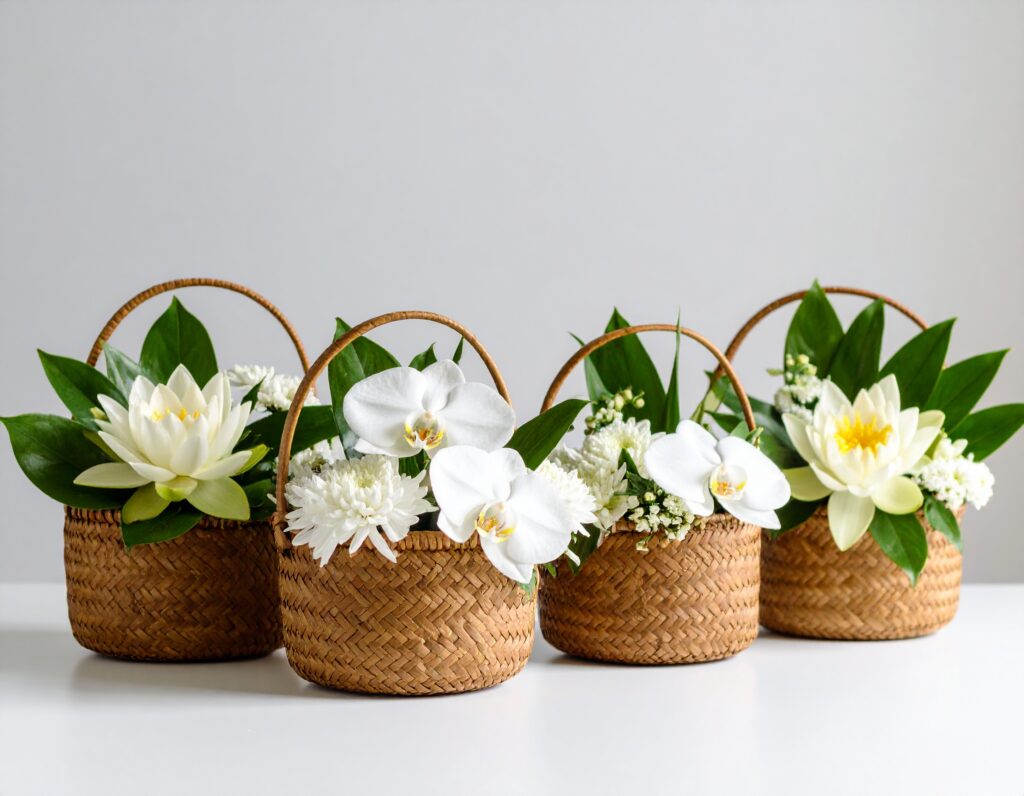 Firefly___Arrangements floraux typiques bouddhistes, lotus blancs, orchidées, chrysanthèmes, 246512